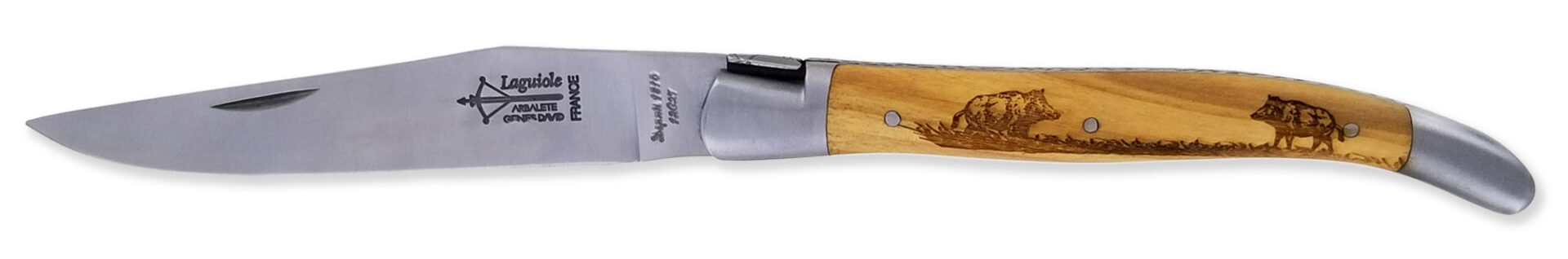 Couteau_Laguiole_Antan_Manche_Olivier_Gravures_Sanglier_2_Mitres_Inox_Brosse_1_Piece_12cm