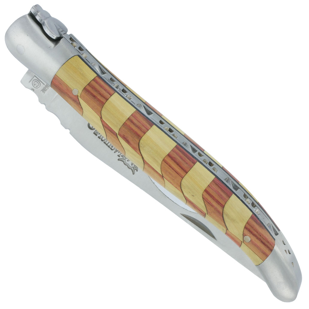 Couteau Laguiole en Aubrac 1 Pièce 12 cm Manche Damier Bois de Rose et Buis 2 Mitres Inox Brossé