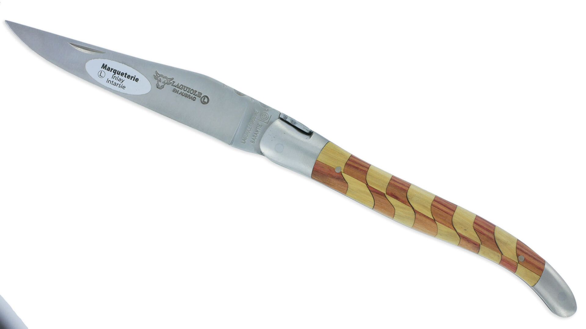 Couteau Laguiole en Aubrac 1 Pièce 12 cm Manche Damier Bois de Rose et Buis 2 Mitres Inox Brossé