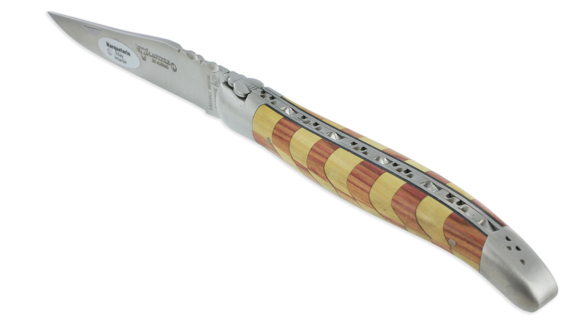 Couteau Laguiole en Aubrac 1 Pièce 12 cm Manche Damier Bois de Rose et Buis 2 Mitres Inox Brossé