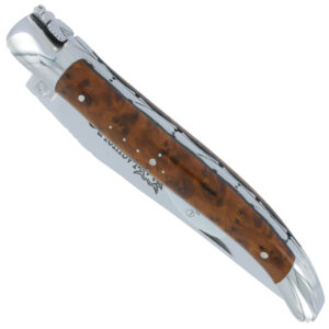 Couteau Laguiole en Aubrac 1 pièce 12cm Thuya 2 Mitres Inox Brillant Platines et Ressort Guillochés Finition Brillante