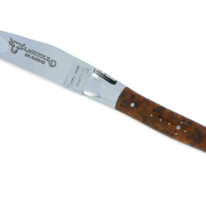 Couteau Laguiole en Aubrac 1 pièce 12cm Thuya 2 Mitres Inox Brillant Platines et Ressort Guillochés Finition Brillante