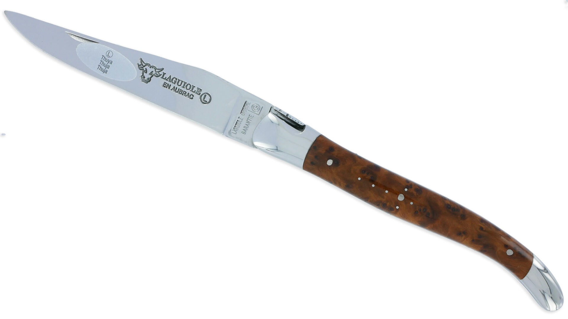 Couteau Laguiole en Aubrac 1 pièce 12cm Thuya 2 Mitres Inox Brillant Platines et Ressort Guillochés Finition Brillante