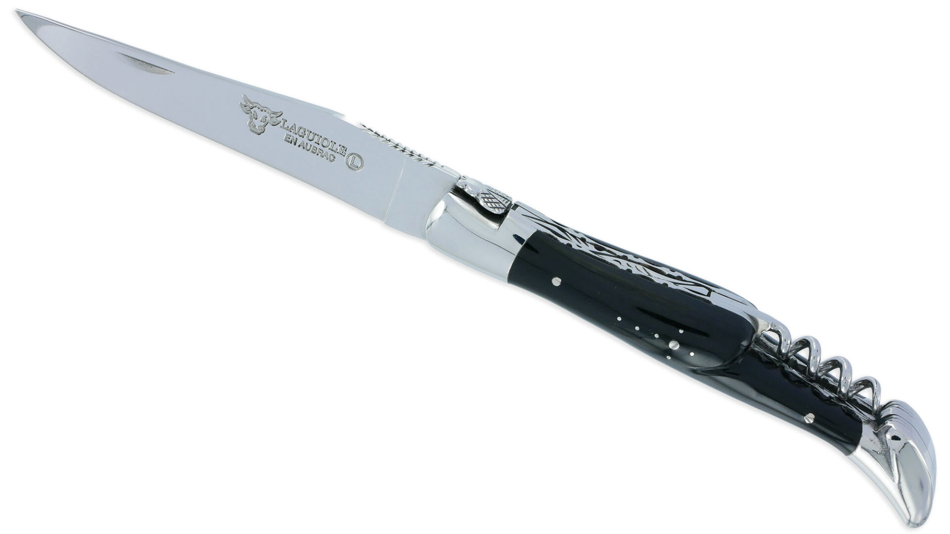 Couteau Laguiole en Aubrac 2 pièces 12cm avec Tire Bouchon Manche Buffle 2 Mitres Inox Brillant Double Platines