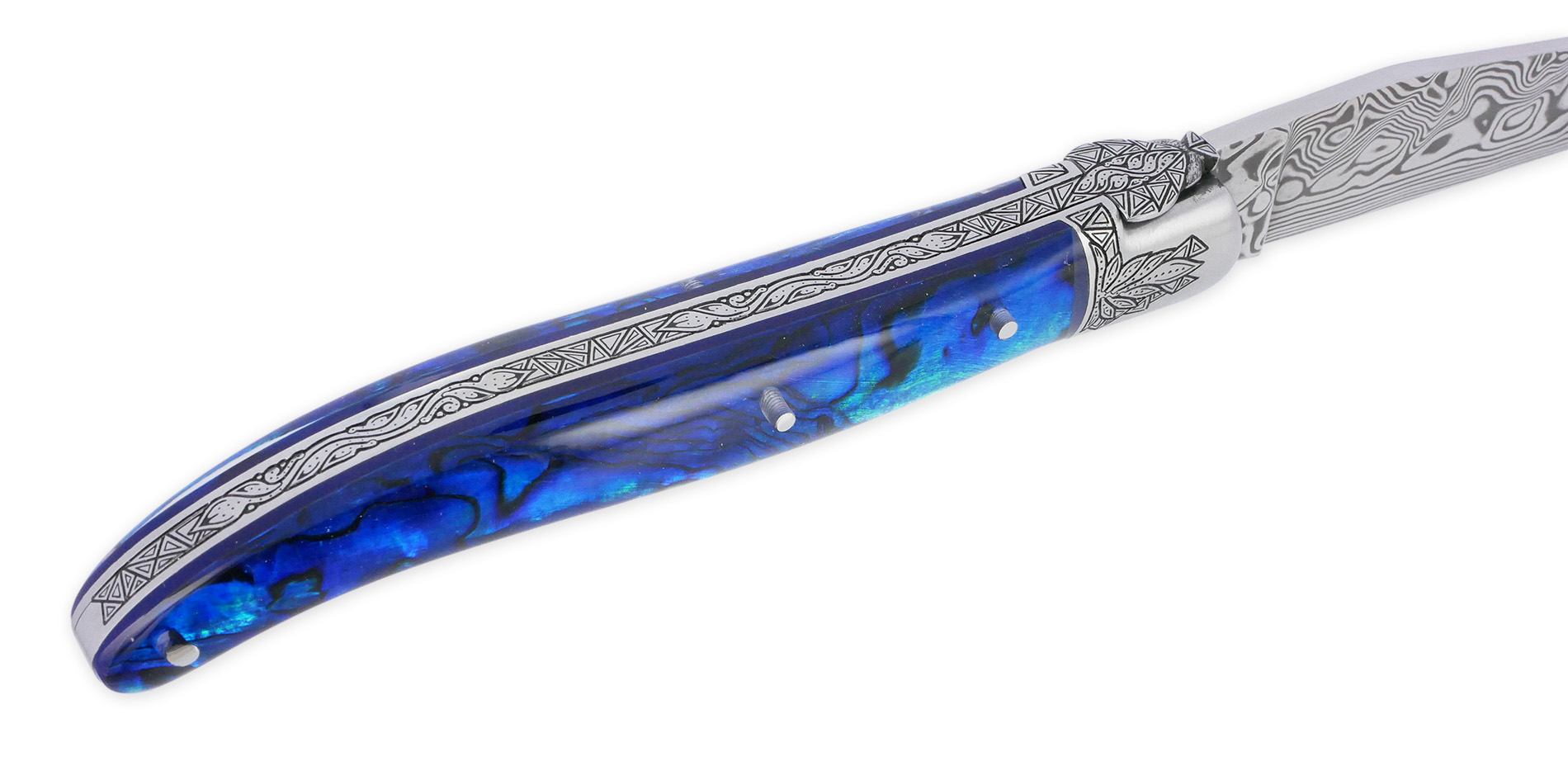 Couteau Laguiole Prestige Créateur 1 Pièce 12 cm 1 Mitre Avant Ciselée à la main Manche en Nacre Véritable sous résine Bleutée Mouche Stylisée Lame Damas Pièce Unique
