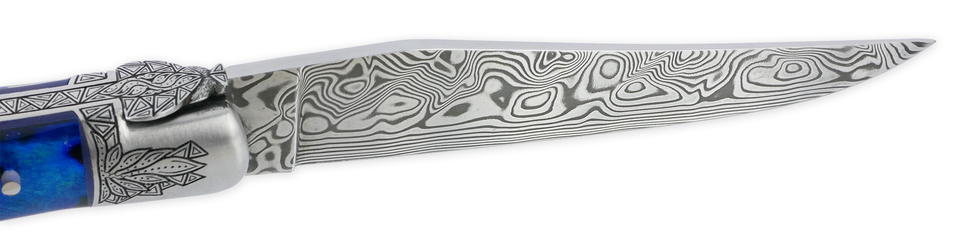 Couteau Laguiole Prestige Créateur 1 Pièce 12 cm 1 Mitre Avant Ciselée à la main Manche en Nacre Véritable sous résine Bleutée Mouche Stylisée Lame Damas Pièce Unique