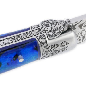 Couteau Laguiole Prestige Créateur 1 Pièce 12 cm 1 Mitre Avant Ciselée à la main Manche en Nacre Véritable sous résine Bleutée Mouche Stylisée Lame Damas Pièce Unique