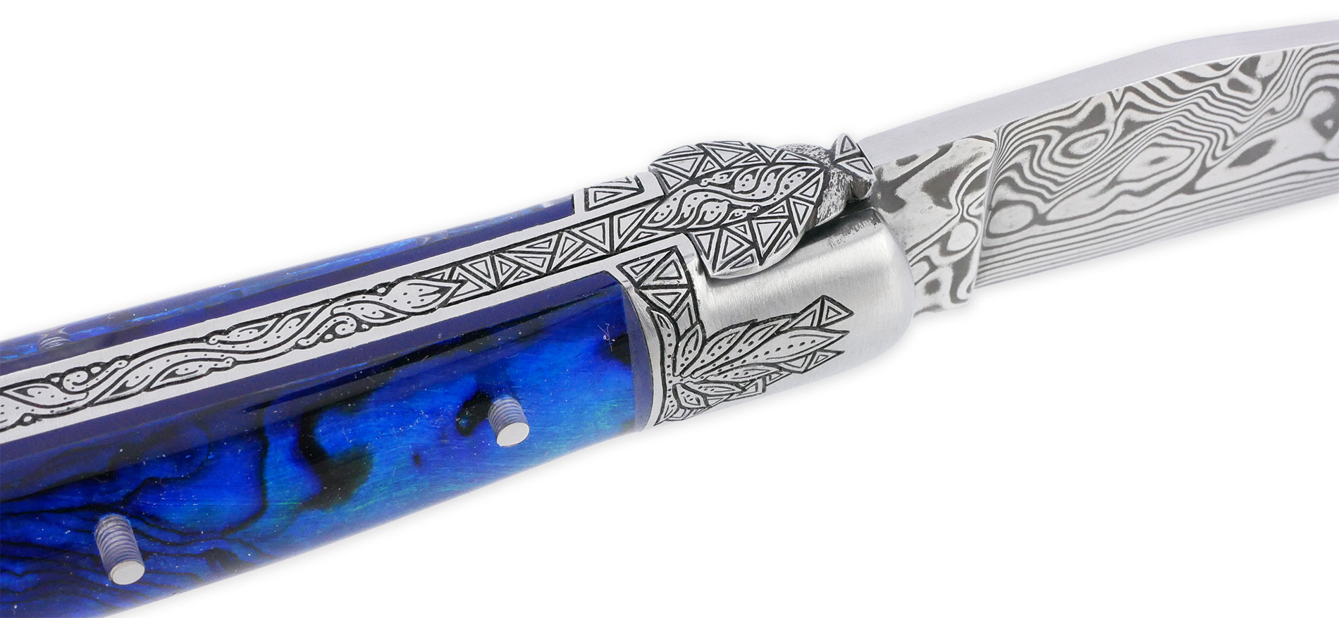 Couteau Laguiole Prestige Créateur 1 Pièce 12 cm 1 Mitre Avant Ciselée à la main Manche en Nacre Véritable sous résine Bleutée Mouche Stylisée Lame Damas Pièce Unique