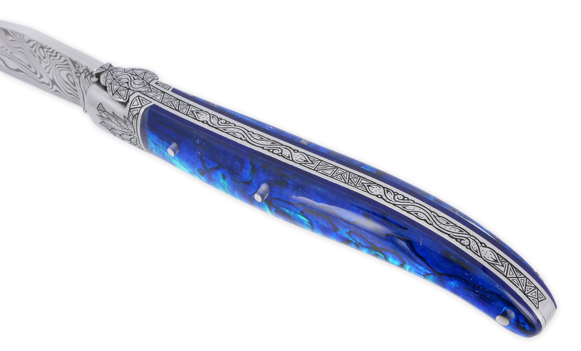 Couteau Laguiole Prestige Créateur 1 Pièce 12 cm 1 Mitre Avant Ciselée à la main Manche en Nacre Véritable sous résine Bleutée Mouche Stylisée Lame Damas Pièce Unique