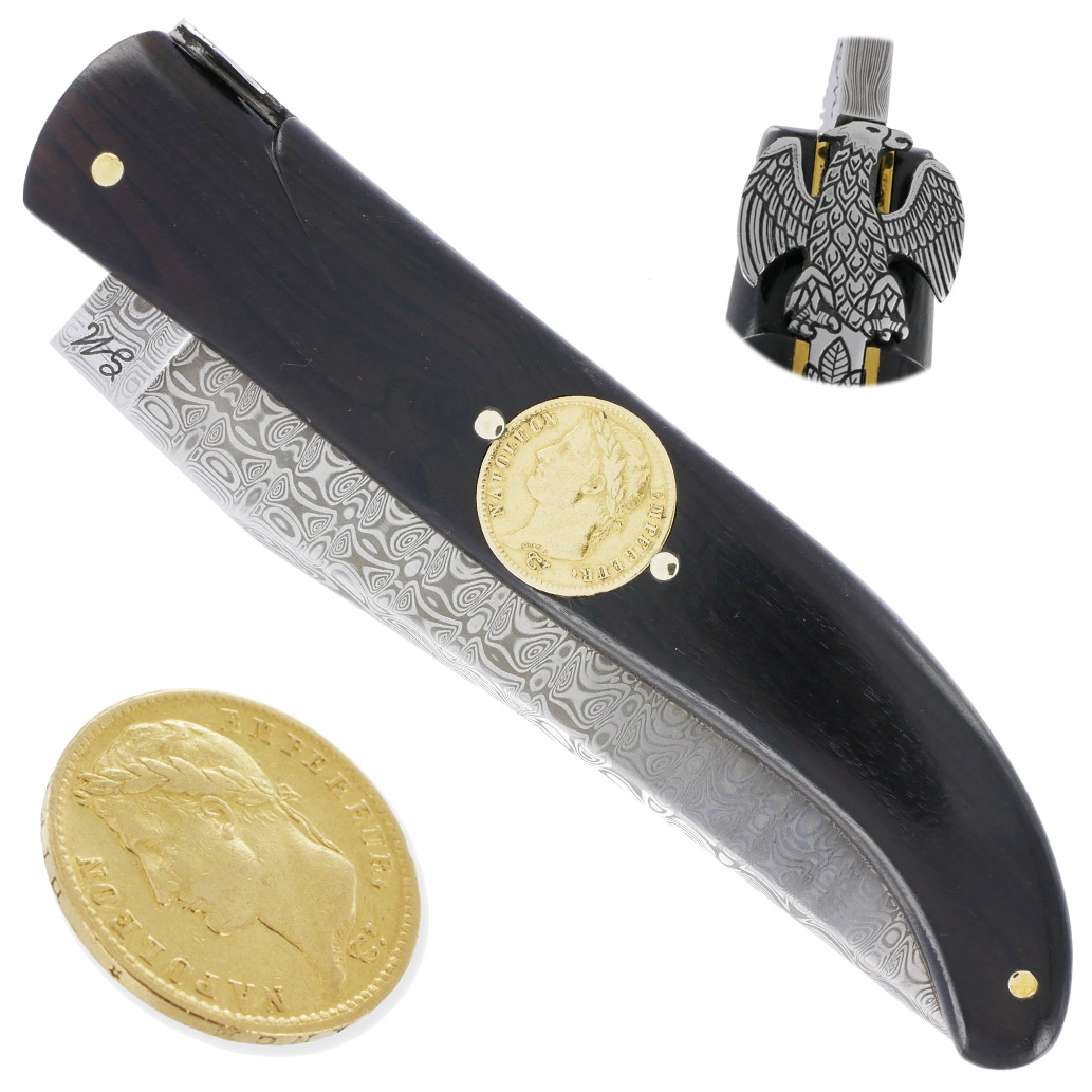 Couteau Laguiole Prestige Créateur 1 Pièce 15 cm Incrustation Monnaie 20 Francs Napoléon OR Plein Manche Ebène Lame Damas Mouche Prestige Aigle Impérial Pièce Unique