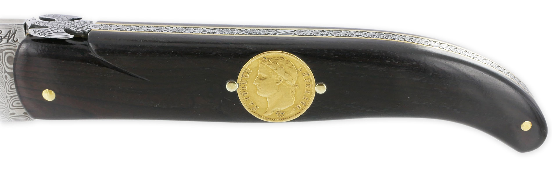 Couteau Laguiole Prestige Créateur 1 Pièce 15 cm Incrustation Monnaie 20 Francs Napoléon OR Plein Manche Ebène Lame Damas Mouche Prestige Aigle Impérial Pièce Unique