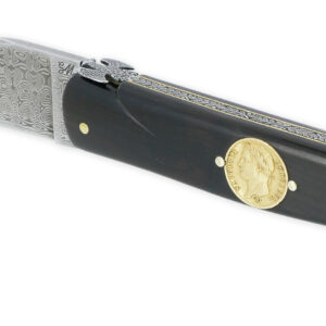 Couteau Laguiole Prestige Créateur 1 Pièce 15 cm Incrustation Monnaie 20 Francs Napoléon OR Plein Manche Ebène Lame Damas Mouche Prestige Aigle Impérial Pièce Unique