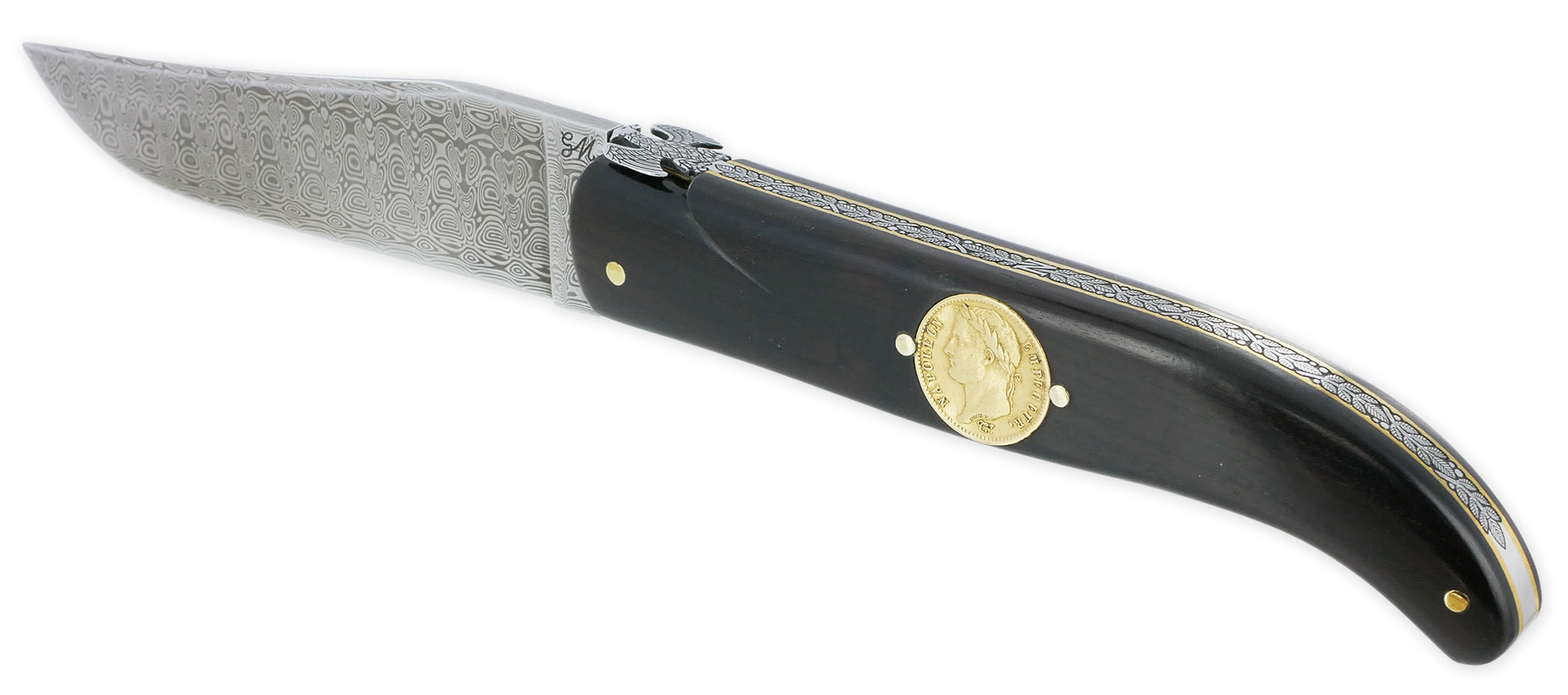 Couteau Laguiole Prestige Créateur 1 Pièce 15 cm Incrustation Monnaie 20 Francs Napoléon OR Plein Manche Ebène Lame Damas Mouche Prestige Aigle Impérial Pièce Unique