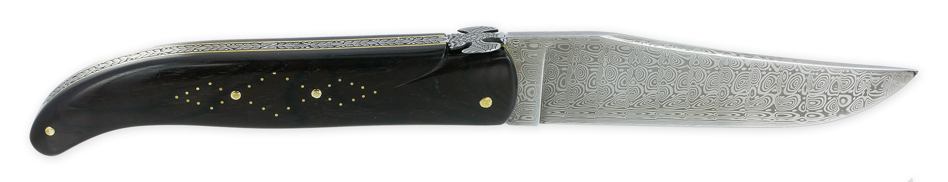 Couteau Laguiole Prestige Créateur 1 Pièce 15 cm Incrustation Monnaie 20 Francs Napoléon OR Plein Manche Ebène Lame Damas Mouche Prestige Aigle Impérial Pièce Unique
