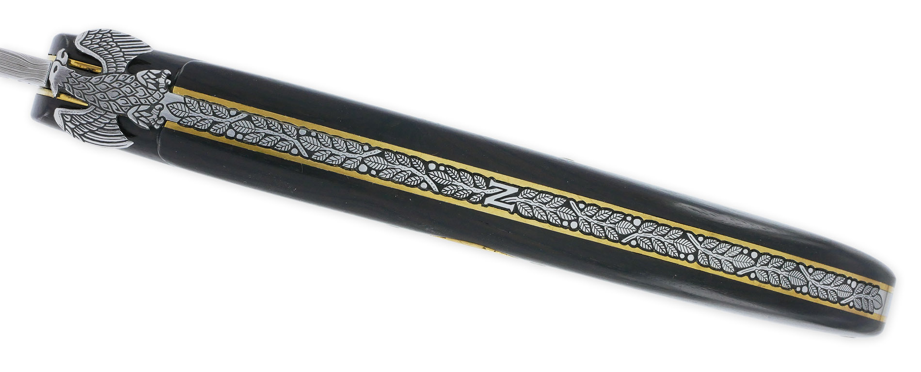 Couteau Laguiole Prestige Créateur 1 Pièce 15 cm Incrustation Monnaie 20 Francs Napoléon OR Plein Manche Ebène Lame Damas Mouche Prestige Aigle Impérial Pièce Unique