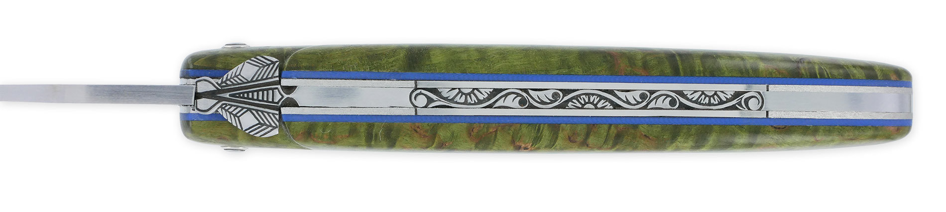 Couteau Prestige Laguiole en Aubrac 1 Pièce 12 cm Plein Manche en Loupe de Bouleau Teinté Vert Ressort Guilloché à la main Entretoises Bleue Mouche Stylisée Lame Damas