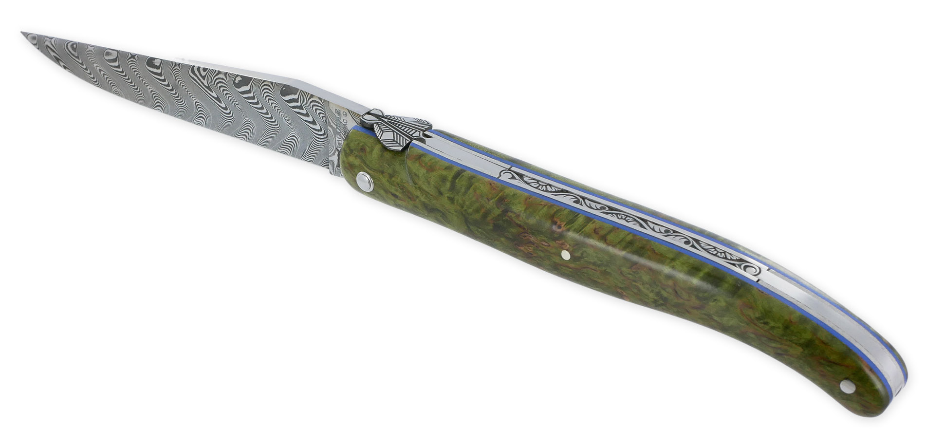 Couteau Prestige Laguiole en Aubrac 1 Pièce 12 cm Plein Manche en Loupe de Bouleau Teinté Vert Ressort Guilloché à la main Entretoises Bleue Mouche Stylisée Lame Damas