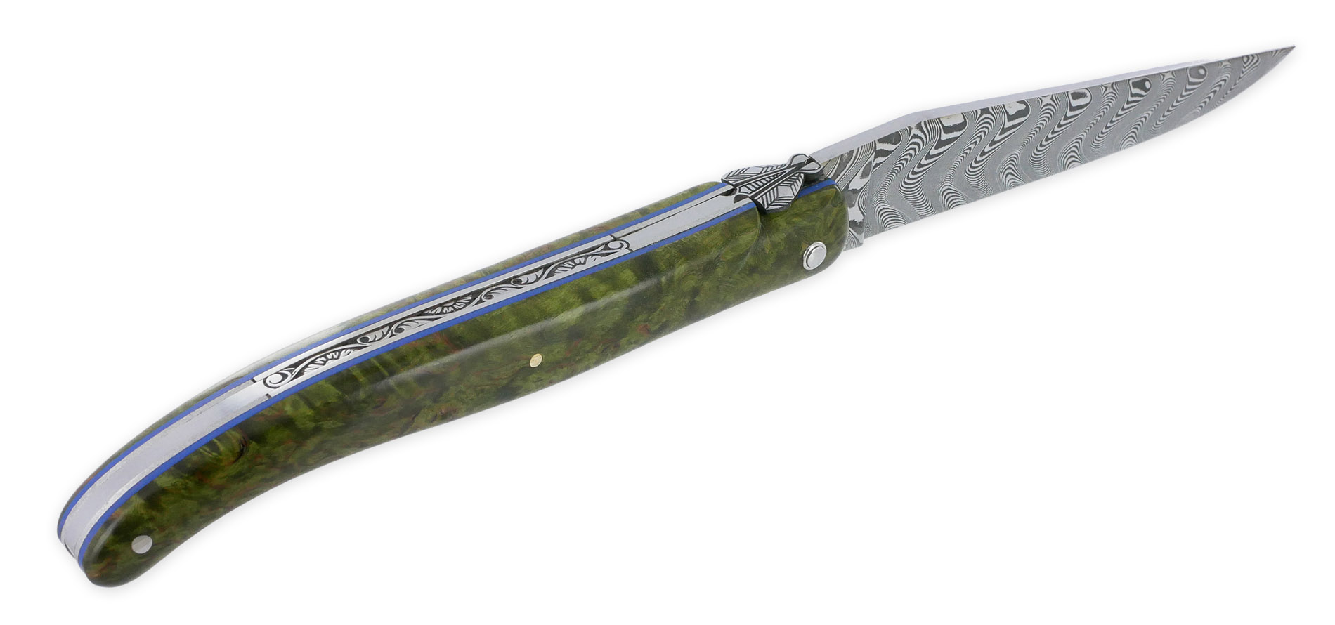 Couteau Prestige Laguiole en Aubrac 1 Pièce 12 cm Plein Manche en Loupe de Bouleau Teinté Vert Ressort Guilloché à la main Entretoises Bleue Mouche Stylisée Lame Damas