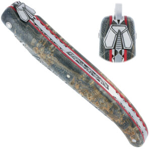 Couteau Prestige Laguiole en Aubrac 1 Pièce 12 cm Plein Manche en Loupe de Platane Gris Ressorts et Platines Guillochées à la main Entretoises Rouge Mouche Stylisée Lame Damas