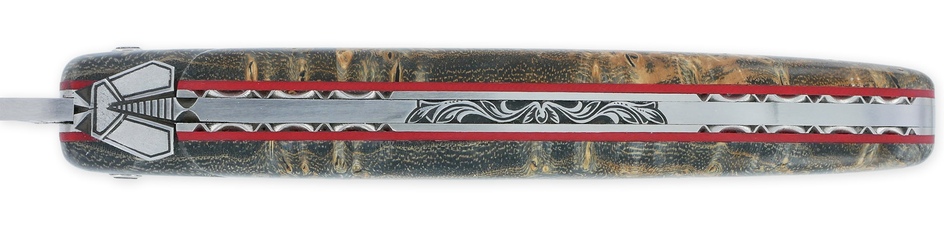 Couteau Prestige Laguiole en Aubrac 1 Pièce 12 cm Plein Manche en Loupe de Platane Gris Ressorts et Platines Guillochées à la main Entretoises Rouge Mouche Stylisée Lame Damas