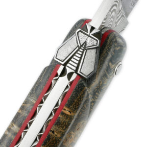 Couteau Prestige Laguiole en Aubrac 1 Pièce 12 cm Plein Manche en Loupe de Platane Gris Ressorts et Platines Guillochées à la main Entretoises Rouge Mouche Stylisée Lame Damas