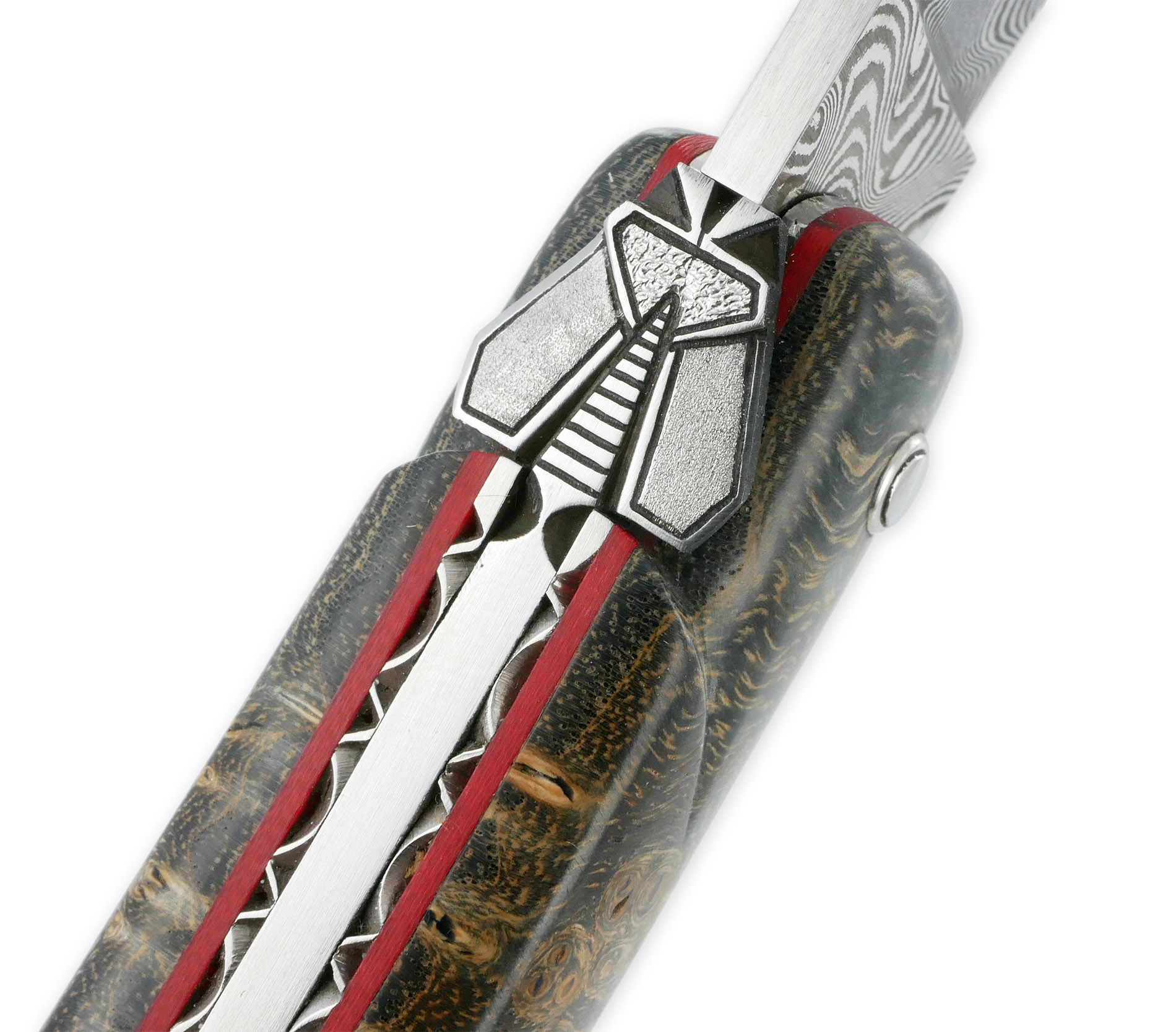 Couteau Prestige Laguiole en Aubrac 1 Pièce 12 cm Plein Manche en Loupe de Platane Gris Ressorts et Platines Guillochées à la main Entretoises Rouge Mouche Stylisée Lame Damas
