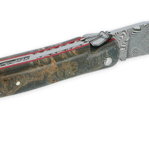 Couteau Prestige Laguiole en Aubrac 1 Pièce 12 cm Plein Manche en Loupe de Platane Gris Ressorts et Platines Guillochées à la main Entretoises Rouge Mouche Stylisée Lame Damas
