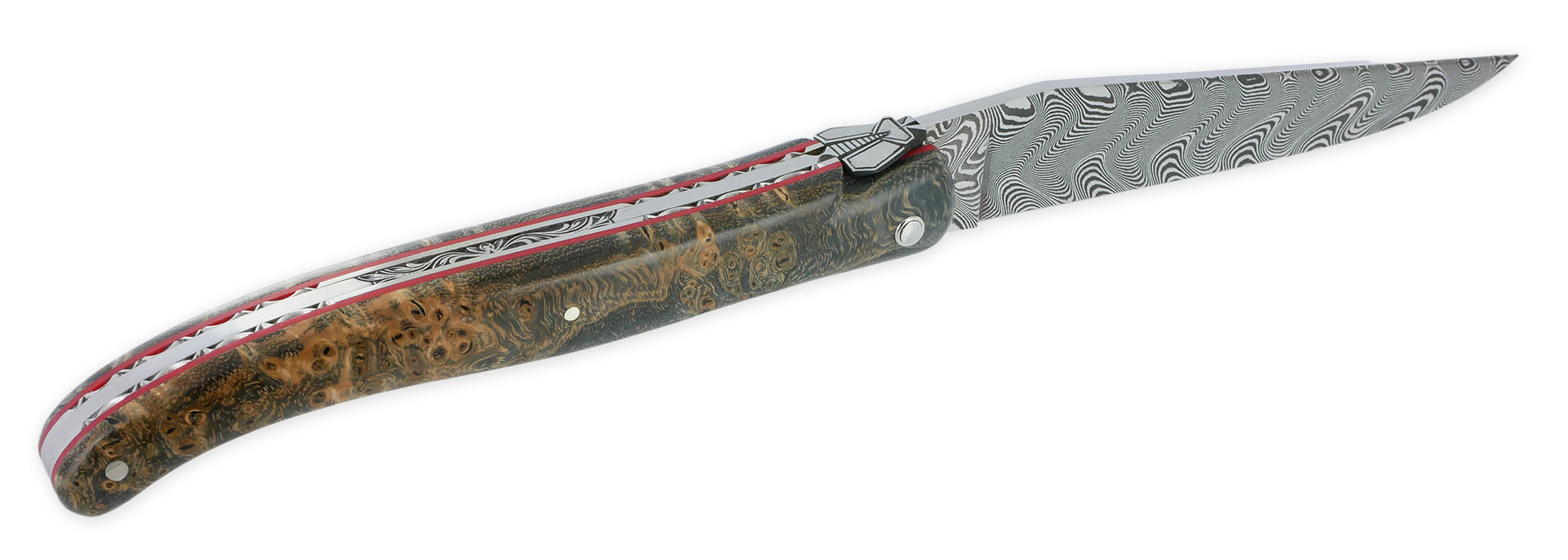Couteau Prestige Laguiole en Aubrac 1 Pièce 12 cm Plein Manche en Loupe de Platane Gris Ressorts et Platines Guillochées à la main Entretoises Rouge Mouche Stylisée Lame Damas