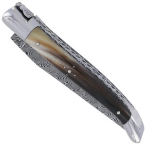 Couteau Laguiole en Aubrac 1 pièce 12cm 2 Mitres Inox Brillant Manche Pointe de Corne Ressort Spiral