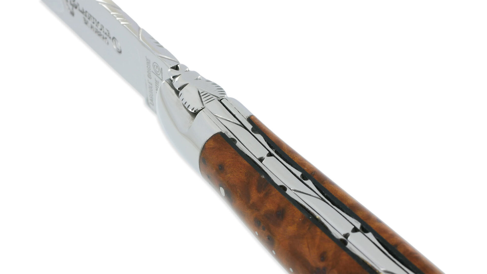 Couteau Laguiole en Aubrac 1 pièce 12cm Thuya 2 Mitres Inox Brillant Platines et Ressort Guillochés Finition Brillante