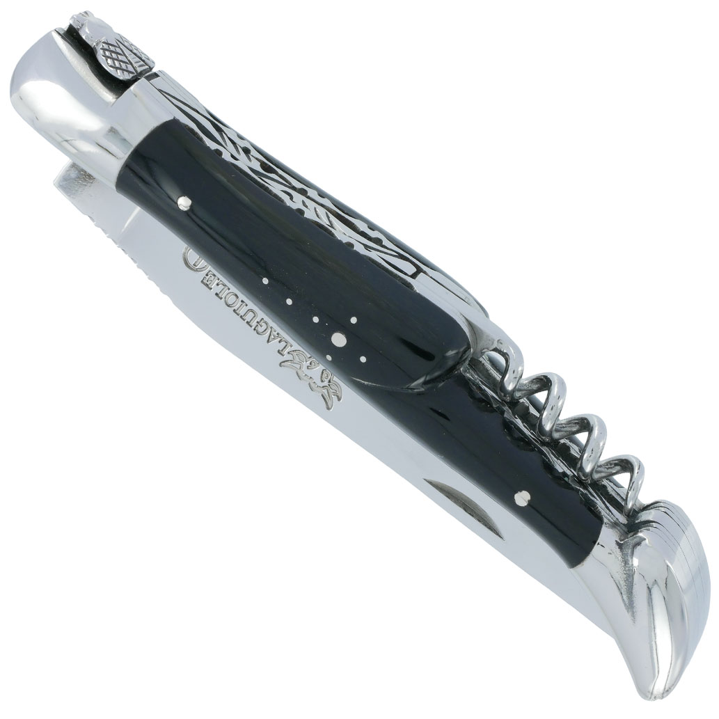 Couteau Laguiole en Aubrac 2 pièces 12cm avec Tire Bouchon Manche Buffle 2 Mitres Inox Brillant Double Platines