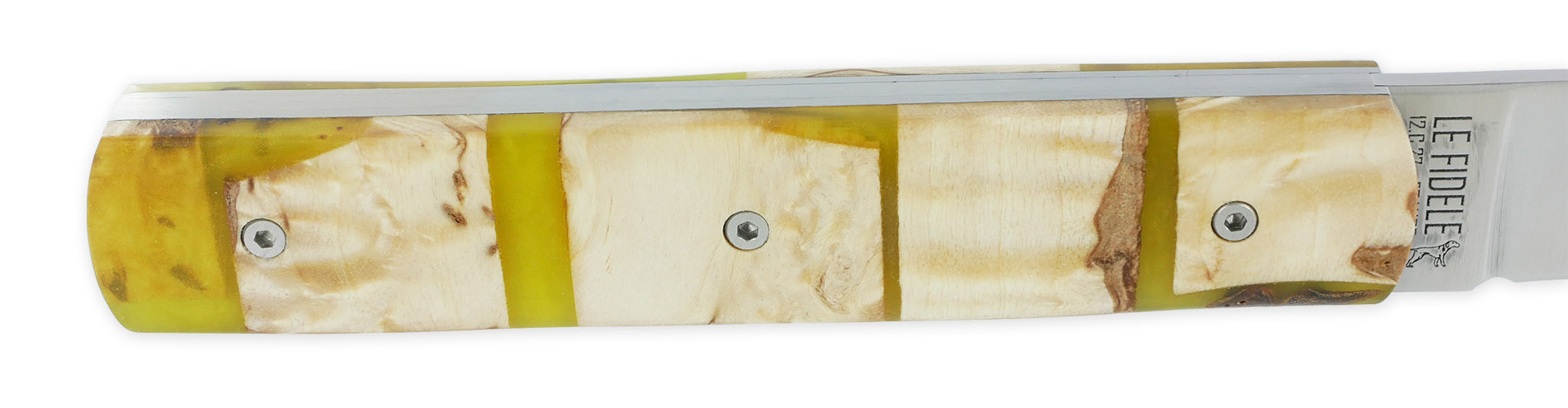 Le 20/20 Couteau Pliant Plein Manche avec Bois de Bouleau Résine verte avec inclusion de Clous de Girofle 11cm Ressort Lisse Personnalisable