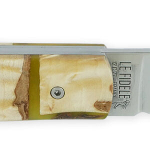 Le 20/20 Couteau Pliant Plein Manche avec Bois de Bouleau Résine verte avec inclusion de Clous de Girofle 11cm Ressort Lisse Personnalisable
