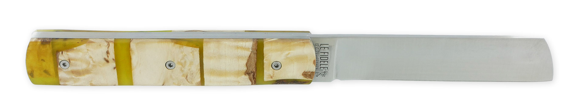 Le 20/20 Couteau Pliant Plein Manche avec Bois de Bouleau Résine verte avec inclusion de Clous de Girofle 11cm Ressort Lisse Personnalisable