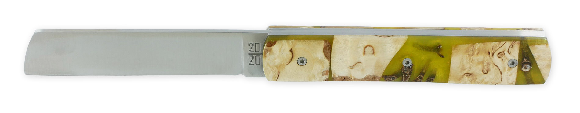 Le 20/20 Couteau Pliant Plein Manche avec Bois de Bouleau Résine verte avec inclusion de Clous de Girofle 11cm Ressort Lisse Personnalisable