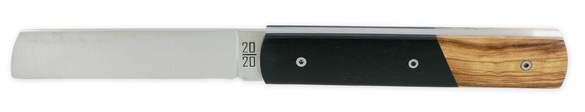 Le 20/20 Couteau Pliant Plein Manche Bi-Matière Ebène/Olivier 11cm Ressort Lisse Personnalisable