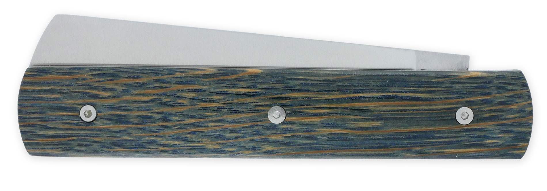 Le 20/20 Couteau Pliant Plein Manche Chêne Stabilisé Teinté Bleu 11cm Ressort Lisse Personnalisable