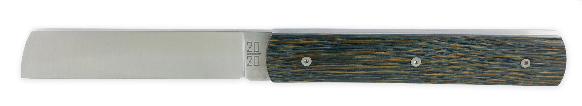 Le 20/20 Couteau Pliant Plein Manche Chêne Stabilisé Teinté Bleu 11cm Ressort Lisse Personnalisable