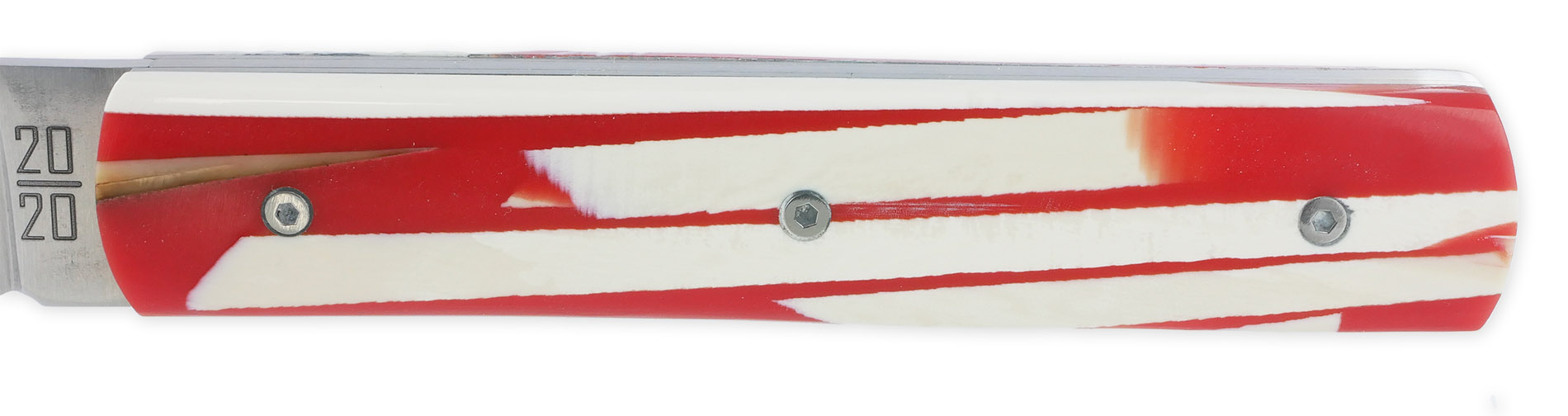 Le 20/20 Couteau Pliant Plein Manche en Eclats de Mammouth et Résine Rouge 11cm Ressort Lisse Personnalisable