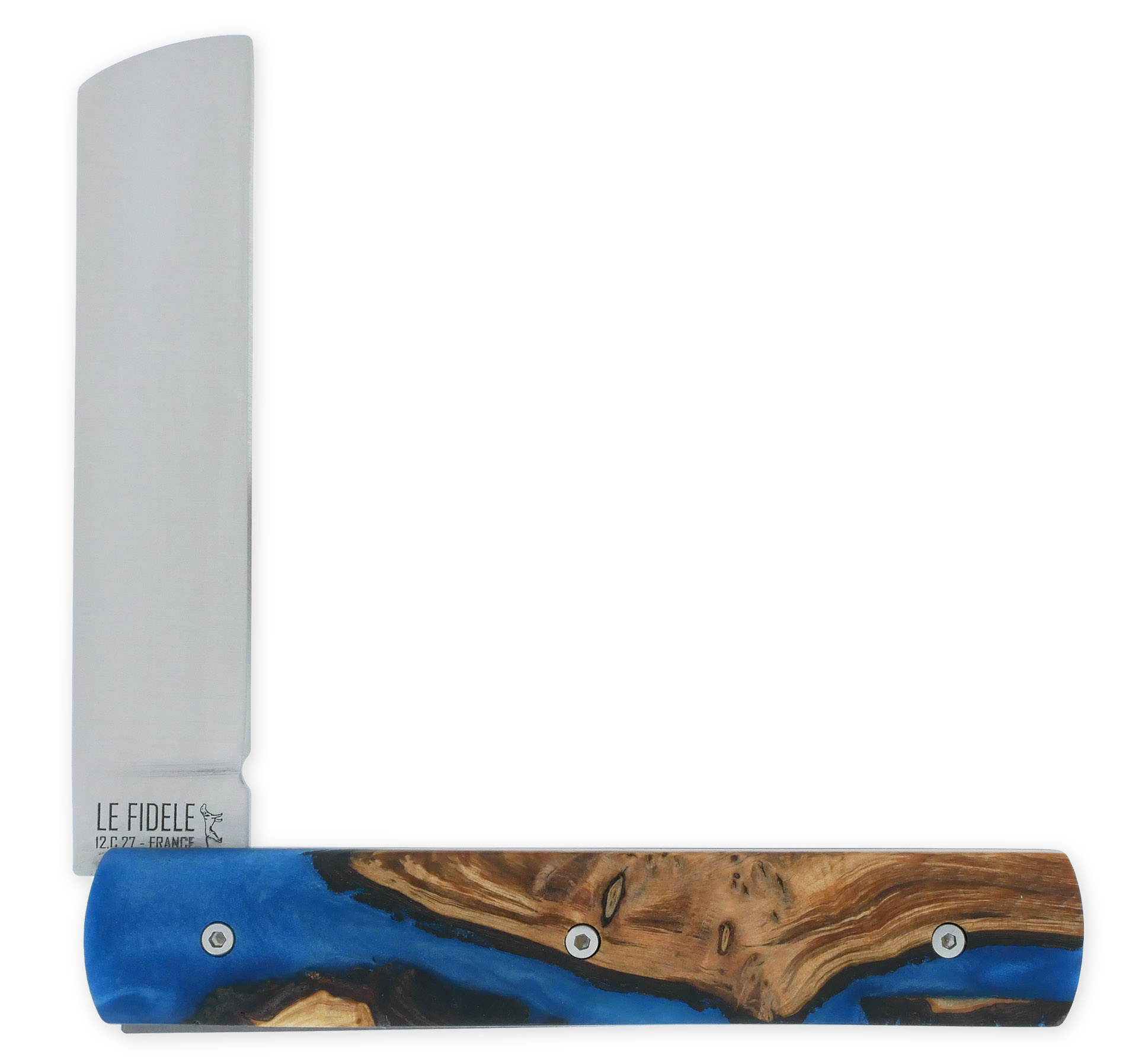 Le 20/20 Couteau Pliant Plein Manche Genévrier Stabilisé Teinté Bleu 11cm Ressort Lisse Personnalisable