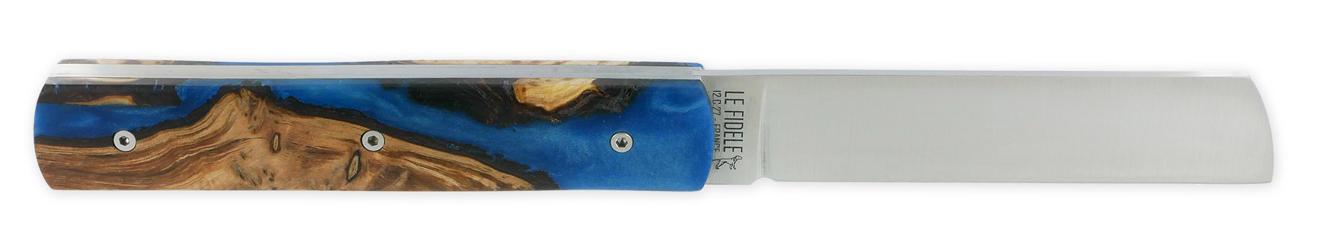 Le 20/20 Couteau Pliant Plein Manche Genévrier Stabilisé Teinté Bleu 11cm Ressort Lisse Personnalisable