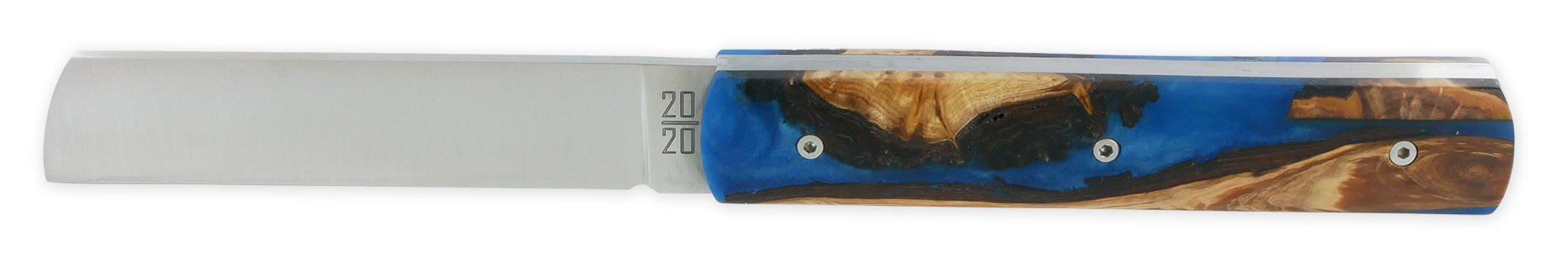 Le 20/20 Couteau Pliant Plein Manche Genévrier Stabilisé Teinté Bleu 11cm Ressort Lisse Personnalisable