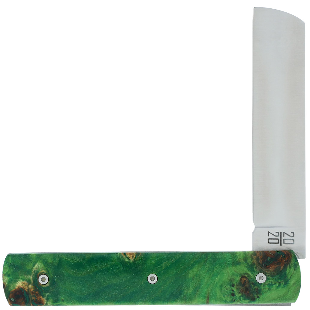 Le 20/20 Couteau Pliant Plein Manche Loupe de Peuplier Stabilisé Teinté Vert 11cm Ressort Lisse Personnalisable