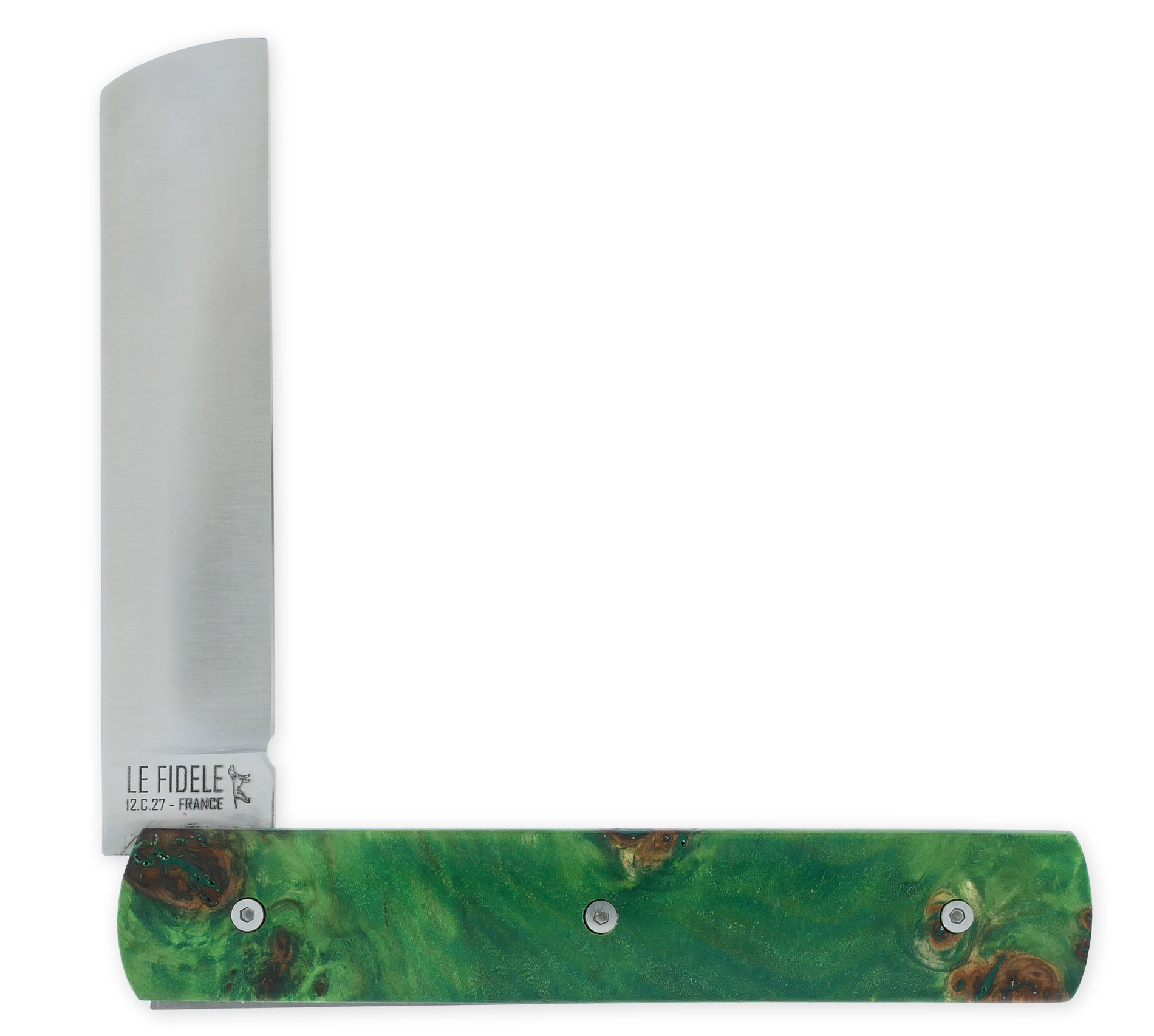 Le 20/20 Couteau Pliant Plein Manche Loupe de Peuplier Stabilisé Teinté Vert 11cm Ressort Lisse Personnalisable