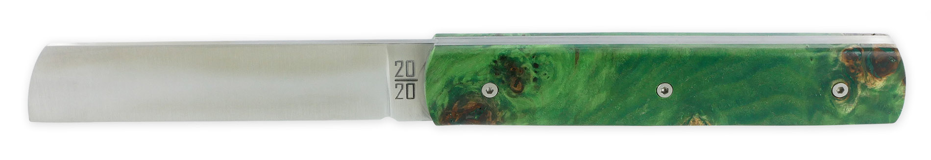 Le 20/20 Couteau Pliant Plein Manche Loupe de Peuplier Stabilisé Teinté Vert 11cm Ressort Lisse Personnalisable
