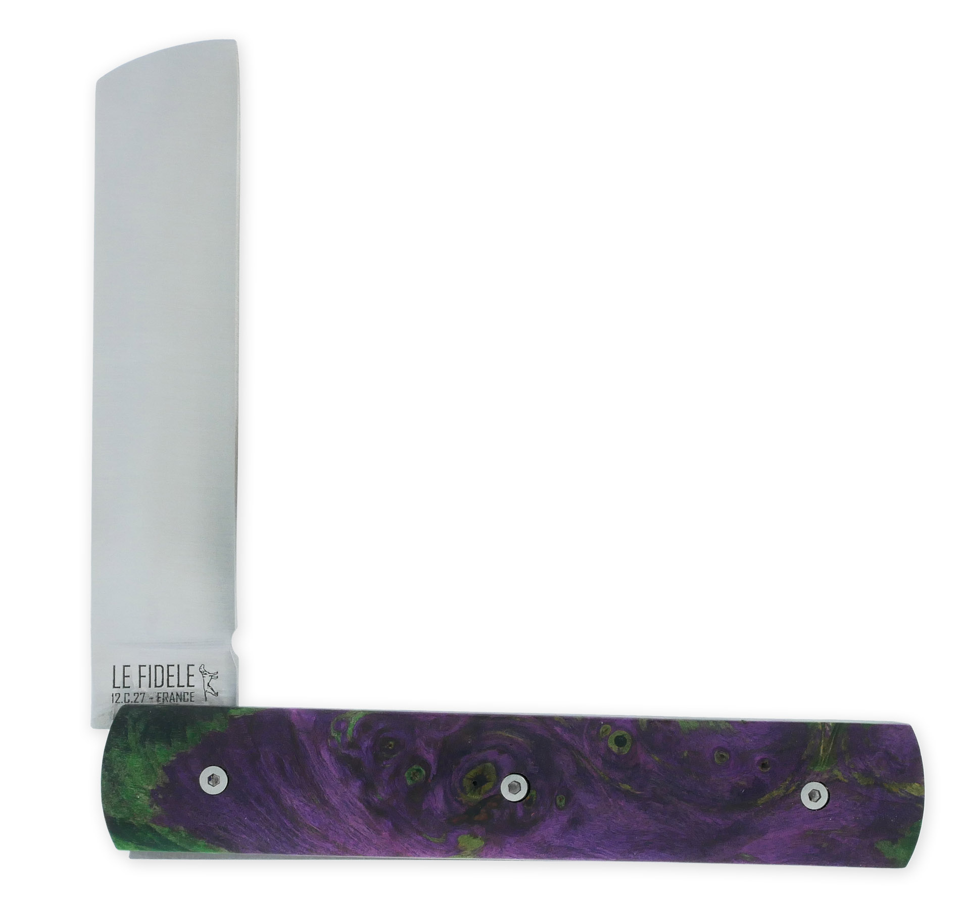 Le 20/20 Couteau Pliant Plein Manche Loupe de Peuplier Stabilisé Teinté Vert et Mauve 11cm Ressort Lisse Personnalisable