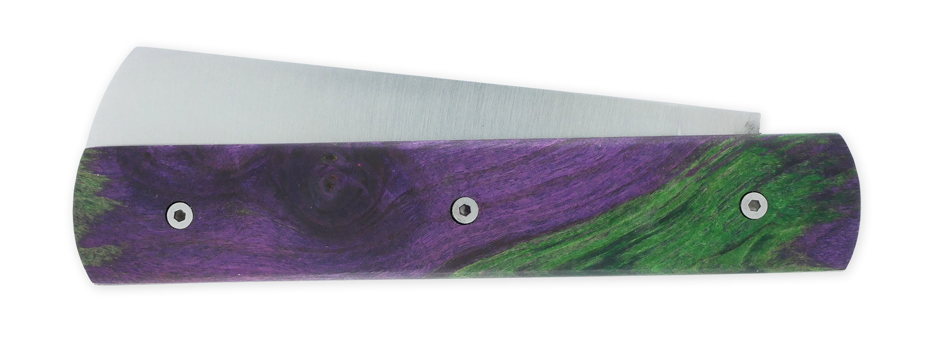 Le 20/20 Couteau Pliant Plein Manche Loupe de Peuplier Stabilisé Teinté Vert et Mauve 11cm Ressort Lisse Personnalisable
