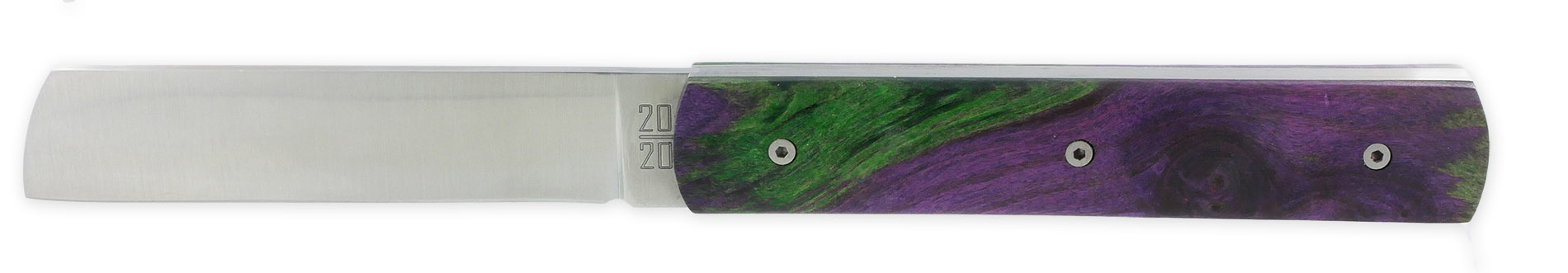 Le 20/20 Couteau Pliant Plein Manche Loupe de Peuplier Stabilisé Teinté Vert et Mauve 11cm Ressort Lisse Personnalisable