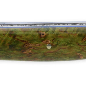 Couteau Prestige Laguiole en Aubrac 1 Pièce 12 cm Plein Manche en Loupe de Bouleau Teinté Vert Ressort Guilloché à la main Entretoises Bleue Mouche Stylisée Lame Damas
