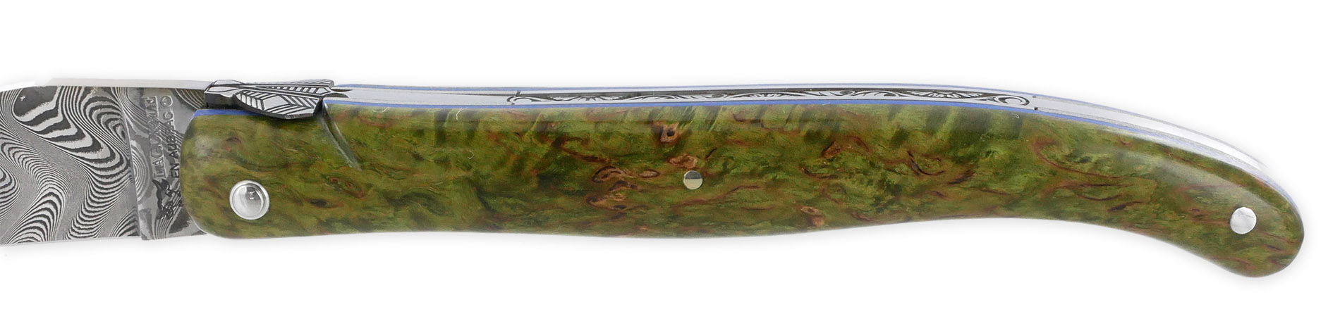 Couteau Prestige Laguiole en Aubrac 1 Pièce 12 cm Plein Manche en Loupe de Bouleau Teinté Vert Ressort Guilloché à la main Entretoises Bleue Mouche Stylisée Lame Damas